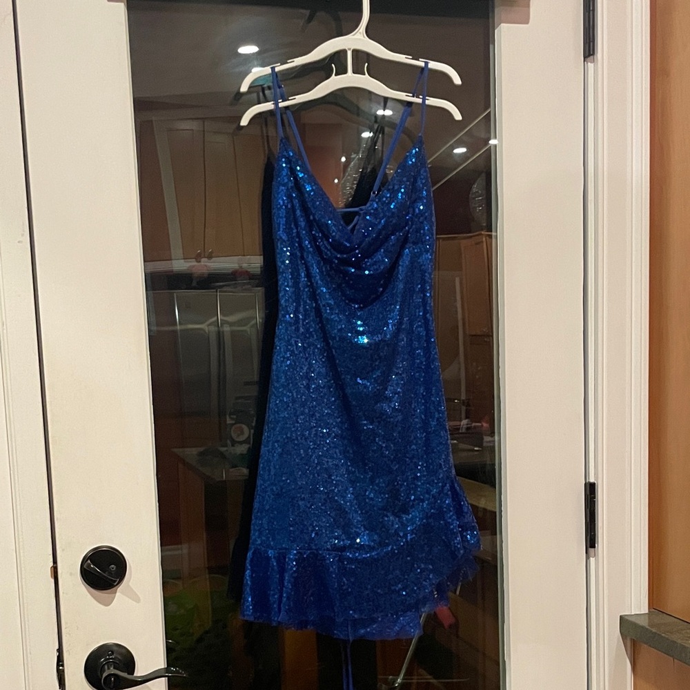 Lucy In The Sky Blue Homecoming Sequin Dress with Ruffle Hem